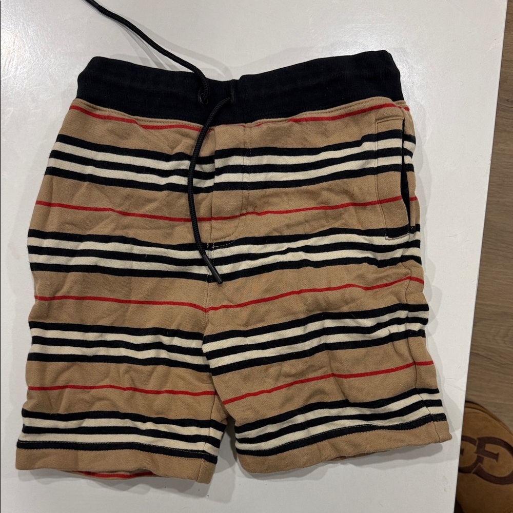 Burberry Kids Striped Shorts in Tan, Black, and Red